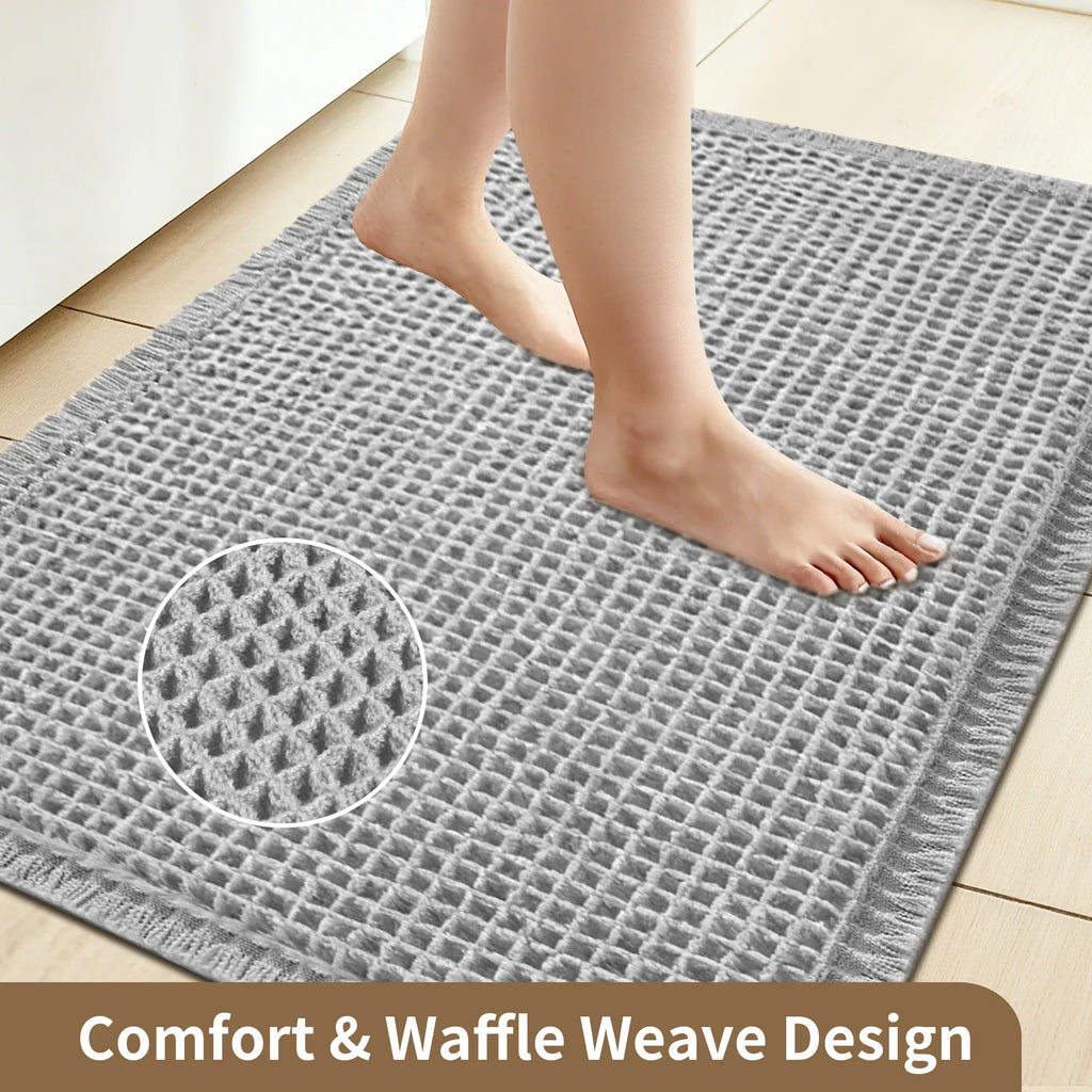 Waffle Bathroom Rugs Soft Non Slip Machine Washable Super Absorbent Bath Mats with Tassels for Bathroom Floor Tub Beside Decor