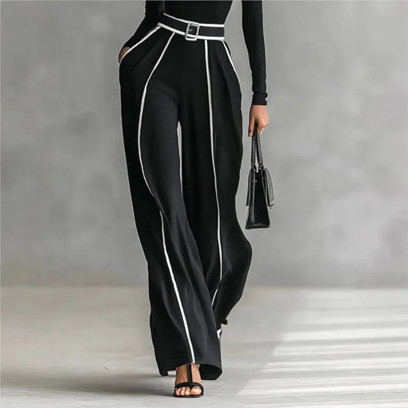 Women Long Sleeve Knit Pullover Two-Piece Set Elegant High Neck Slim Top+Wide leg Pants Spring Autumn new Outfit Suit