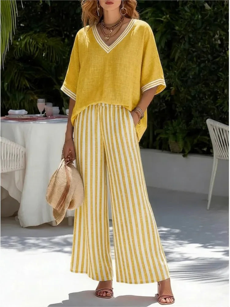 V-neck Short-sleeved Tops Striped Wide-leg Pants Two-piece Set 2026 Spring Summer New Women's Fashion Casual Loose Two-piece Set