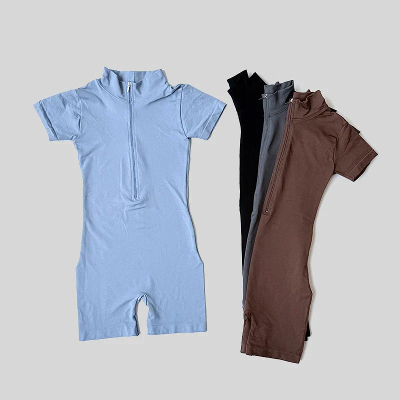 Summer Short Sleeve Zipper Jumpsuit Sports Wear Gym Fitness Sports Bodysuits Women Running Fashion Workout Clothes