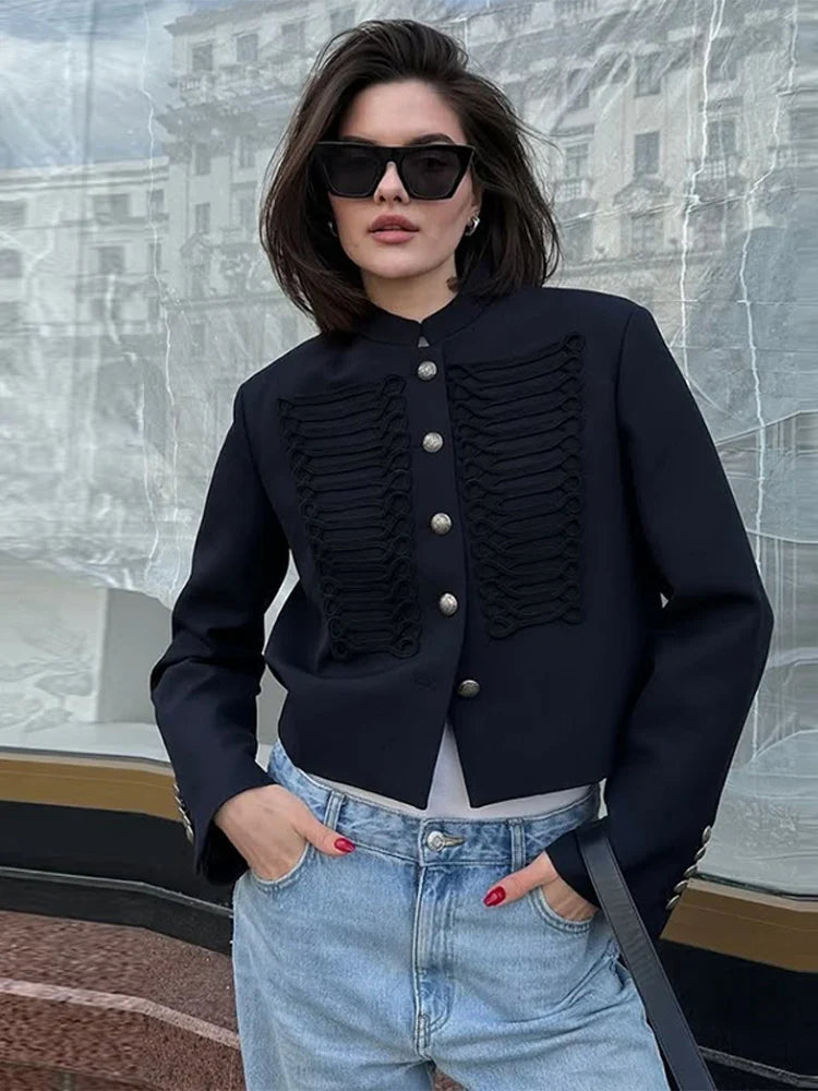 Vintage Napoleon Short Jacket for Women Stand Collar Full Sleeve Single-Breasted Slim Coat 2026 Spring Lady New Streetwear