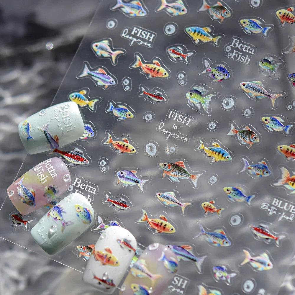 5D Deep Sea Fish Nail Art Stickers Shimmery Bubble Colorful Marine Life Nail Decals Summer Ocean Self Adhesive Manicure Decal