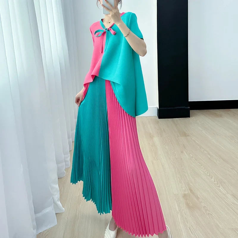 Blouse Pants Suit Women Summer Youthful Pleated Tie-front Delicate Short-sleeved T-shirt Wide-leg Pants New Comfortable Casual