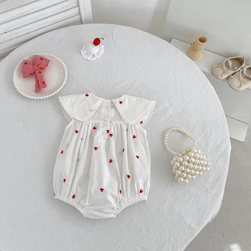 2026 New Summer Newborn Baby Girl Jumpsuit 0-24M Baby Girl Clothing Sleeveless Cotton Heart Print Princess White Rompers