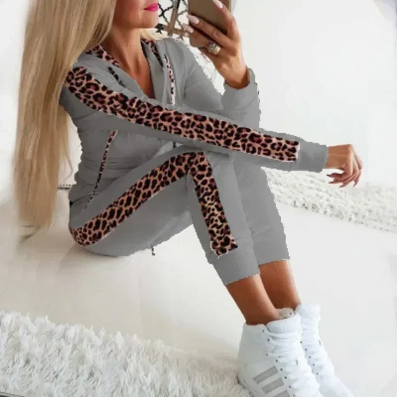 Women's clothing set plus size autumn and winter new item women's leopard print zipper hooded suit sexy home wear casual fashion