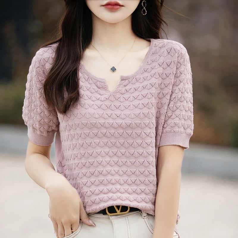 Women's T-shirt Summer New 100% Pure Cotton Tees Casual Solid Knitted Short sleeved V-neck Pullover Loose Tops Fashion Sweater