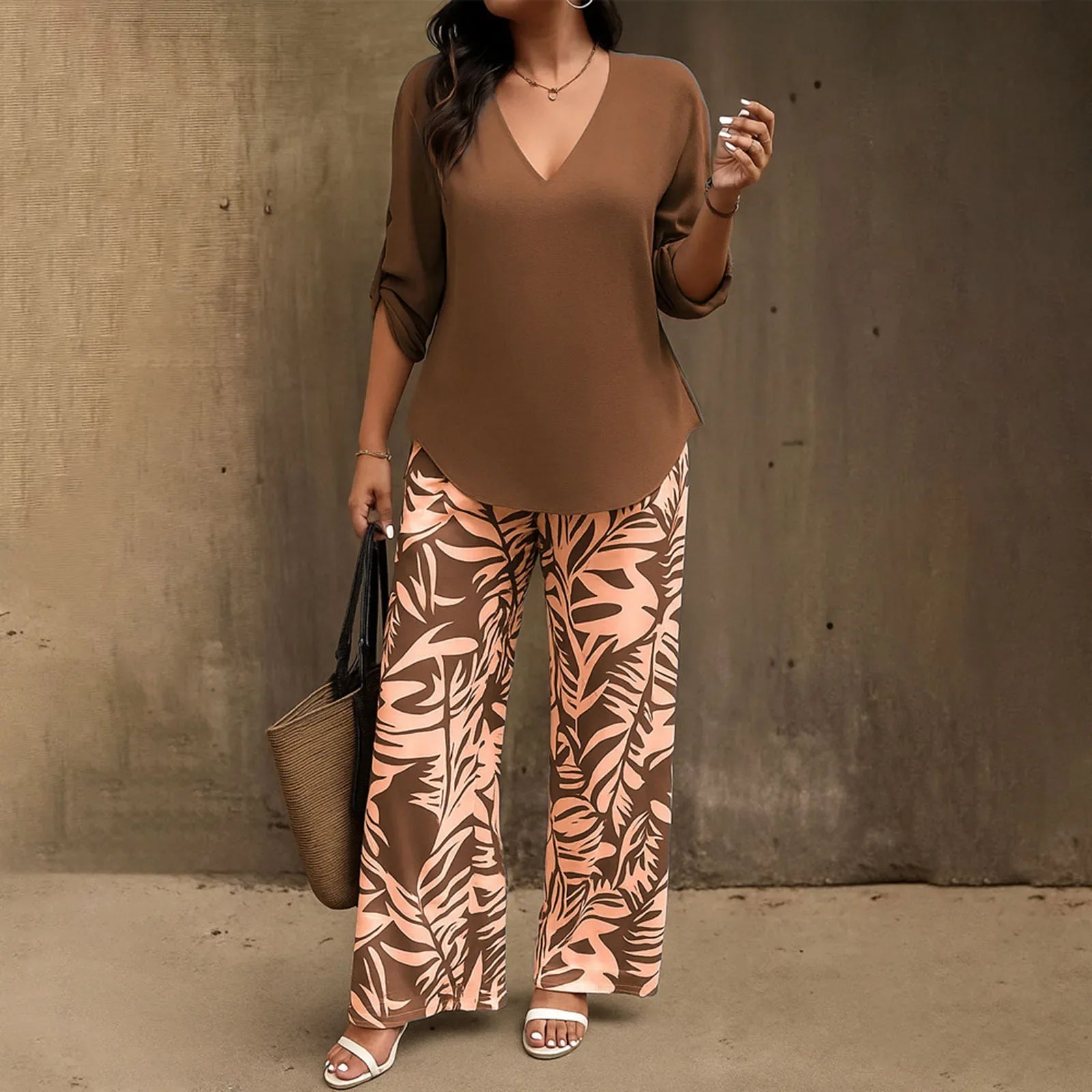 Women Solid V Neck Long Sleeve Digital Print Pants Two Piece Set Casual Stylish Matching Outfit for Daily Outdoor Lounge Wear