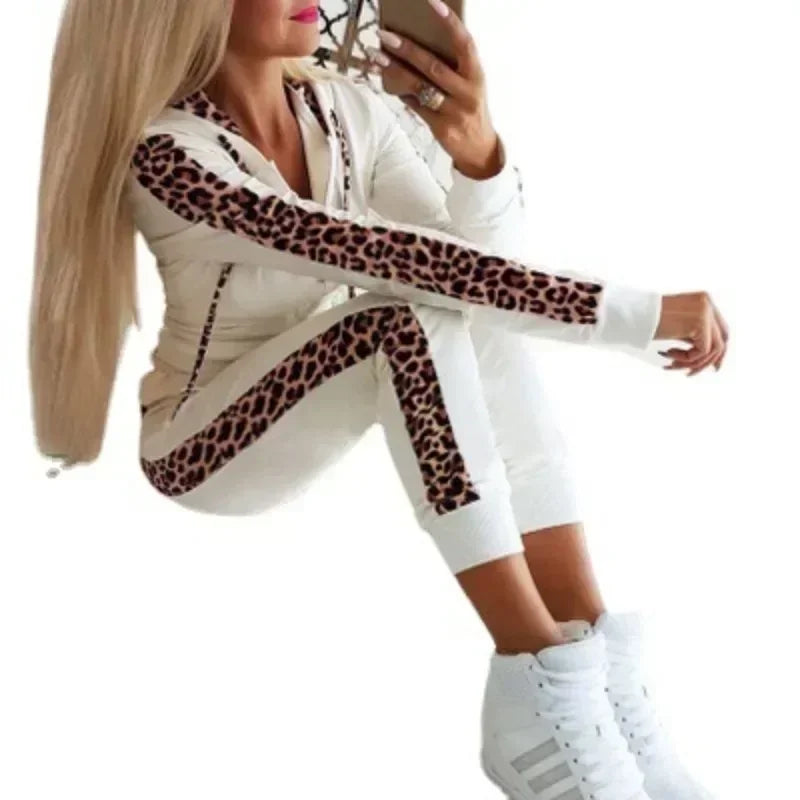 Women's clothing set plus size autumn and winter new item women's leopard print zipper hooded suit sexy home wear casual fashion