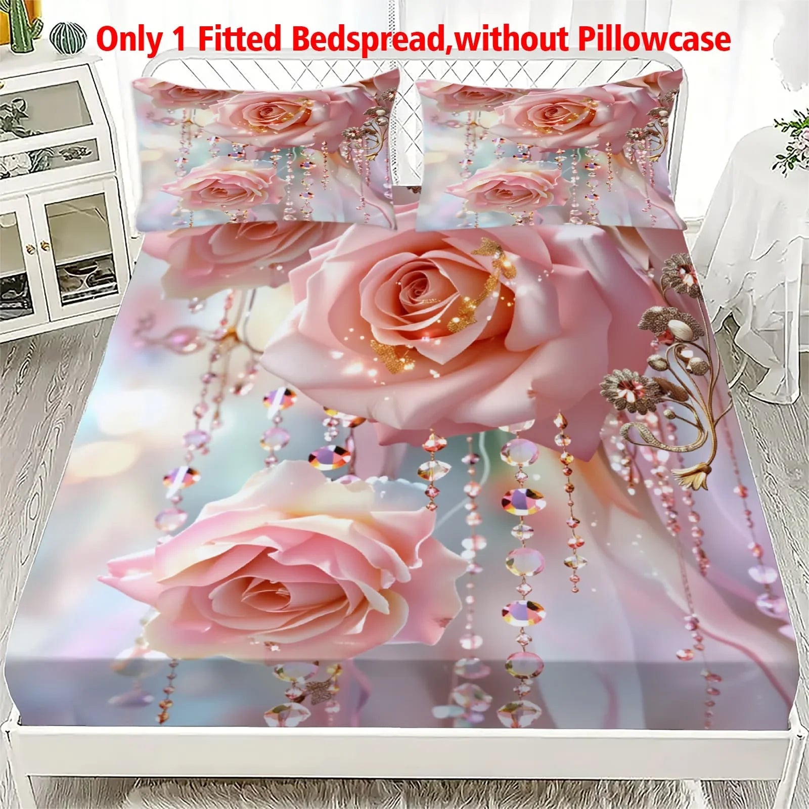 1pc 3D Pink Roses with Crystal Bead Print Fitted Sheet Deep Pocket Elastic Mattress Cover Single Double Queen King Bedroom Decor
