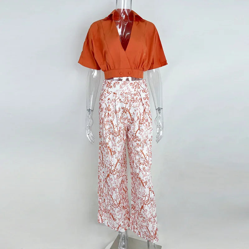Women's Bell Bottom Pants Suit Solid Color Half Sleeve V-neck Shirt Printed Top Wide Leg Pants Summer Fashion 2 Piece Set