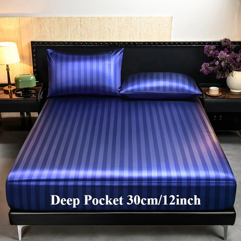 Luxury Satin Striped with Elastic Band Fitted Sheet Silky Soft Deep Pocket Bed Cover Standard Size Twin Full Queen King Bedding