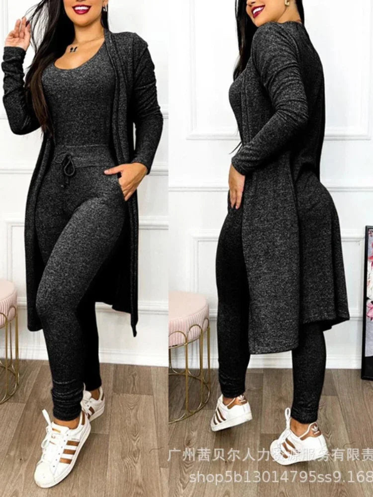 2026 Jumpsuit & Coat Set Autumn Women Drawstring Pocket Pants Sets One Piece Y2k Long Jumpsuit High Waist Coats Two Piece Sets