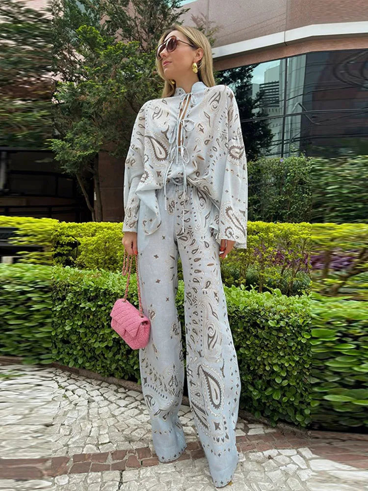 Casual Printed Women's Shirt Trouser Suits Lace Up Long Sleeve Loose Wide Leg Pants Lady Set 2026 Autumn Female 2 Pieces Set New