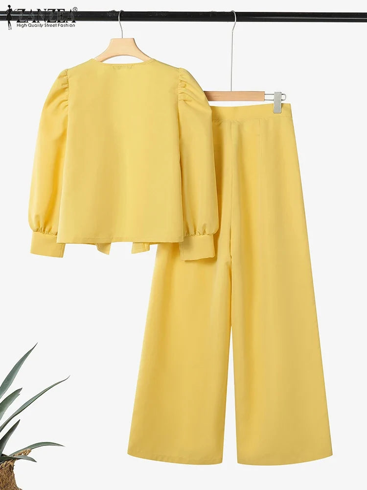ZANZEA Elegant 2pcs Women Pant Sets Long Sleeve Cardigan Suit and High Waist Wide Leg Pants 2025 Fashion Solid Two-piece Outfits
