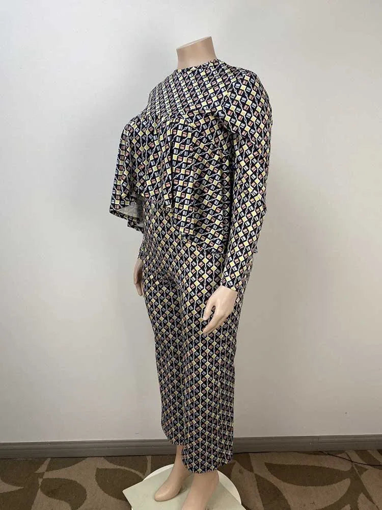 New in Matching Sets Autumn Long Sleeve Plus Size Women 2 Piece Sets Plaid Blouse and Pants Suits Elegant Lady Wear Outfits