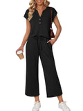 Women 2 Piece Outfit Set V Neck Button Short Sleeve T Shirt Drawstring Wide Leg Capri Pants Casual Loose Tracksuit Loungewear Va