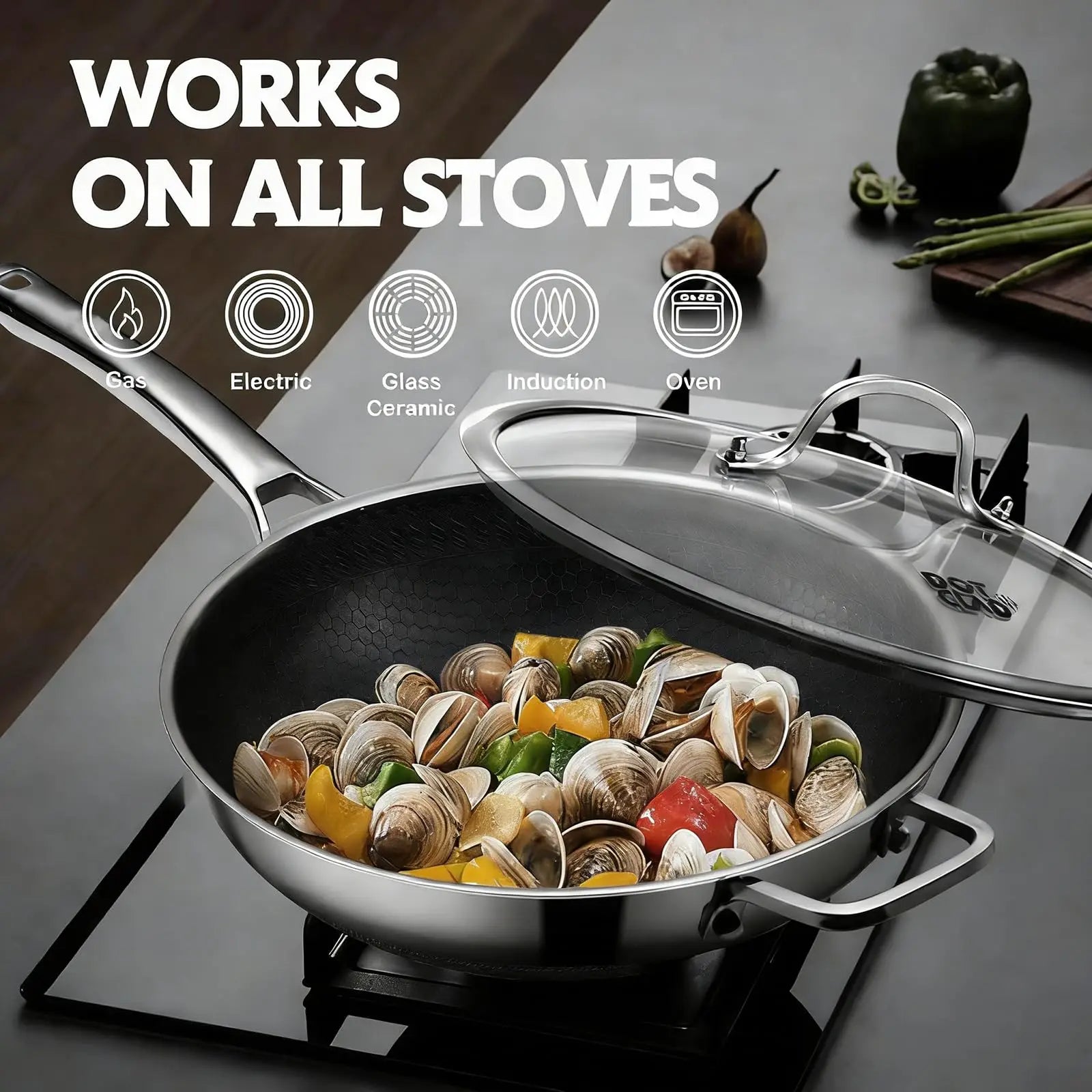 HiMISS Stainless Steel Wok Pan Induction Compatible Nonstick Snowflake Coating