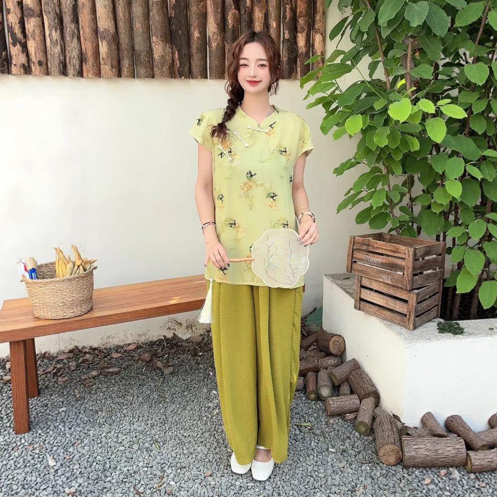 Summer Cotton-silk blend Cheongsam 2 Pcs Set Loose Short Sleeve Frog Closure Tops and Wide leg Pants New Chinese Style Plus size