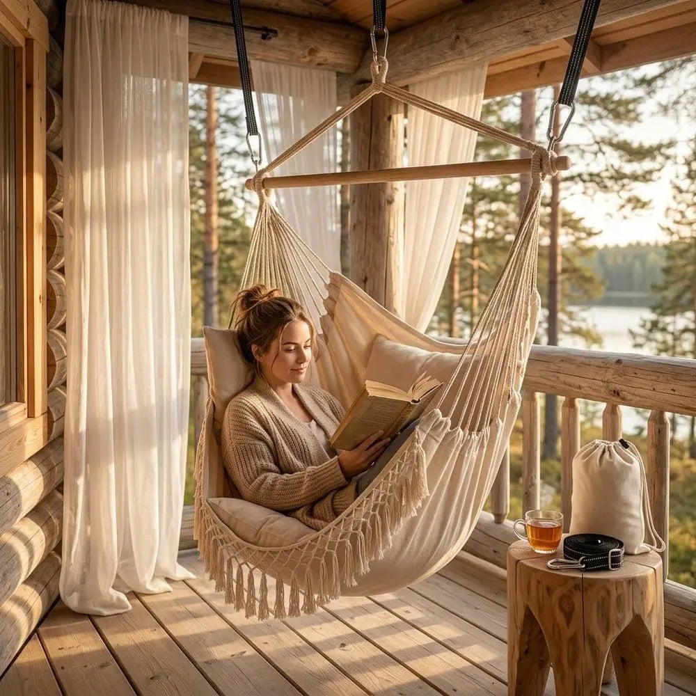 Boho Macrame Hanging Hammock Chair With Cushioned Seat