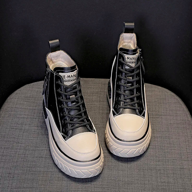 High Top Women Shoes Genuine leather 8cm Platform Boots Wedge Hidden Heel Zip Spring NEW Autumn Warm Fur Winter Shoes Sneakers