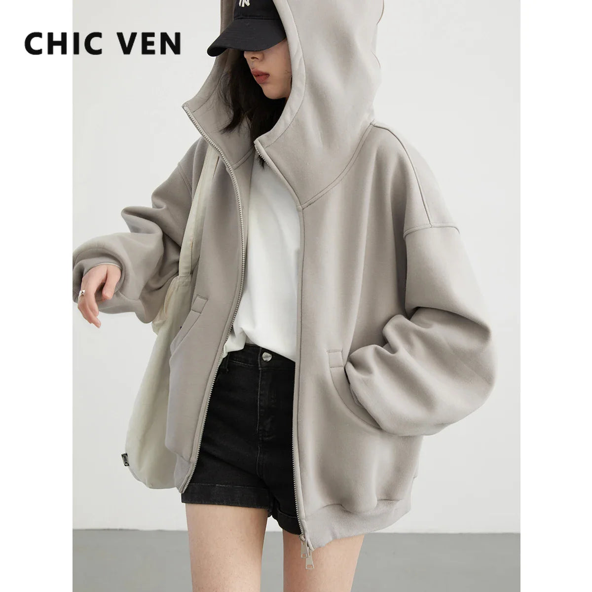 CHIC VEN Women Sweatshirts Loose Casual Hooded Long Sleeves with Plush Sweater Double Zipper Oversize Coat Spring Autumn 2026