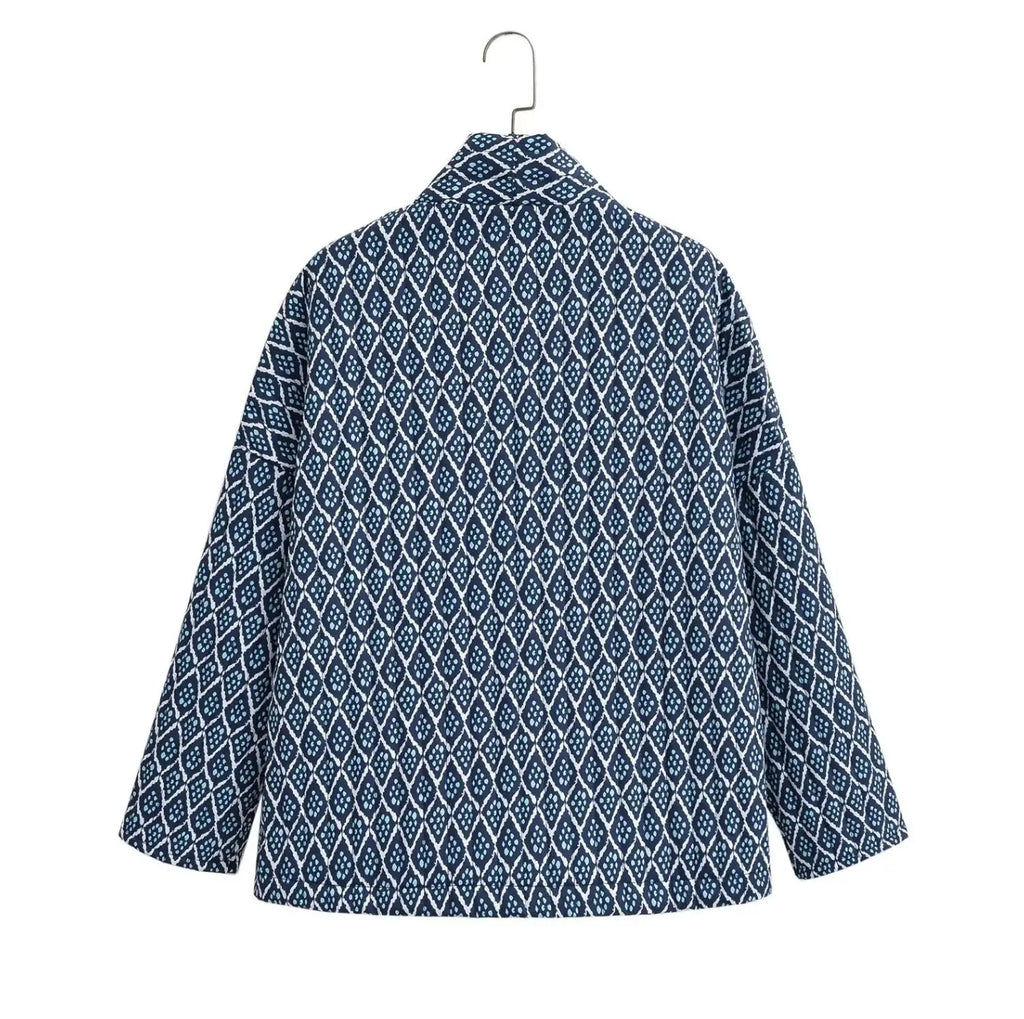 Autumn Winter Blue Geometric Plaid Print V Collar Quilted Coat Ethnic Women Long Sleeve Oversized Jackets Loose Outwear