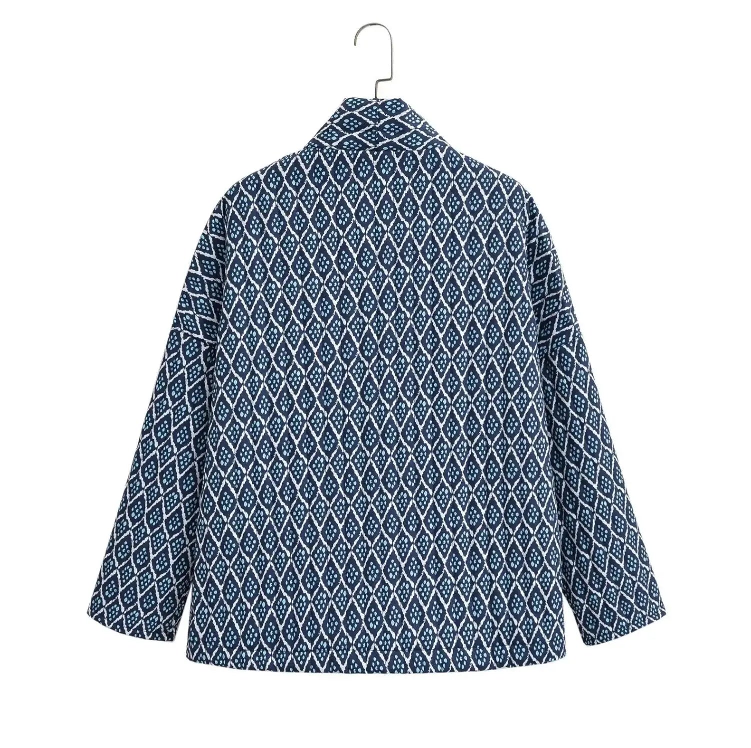 Autumn Winter Blue Geometric Plaid Print V Collar Quilted Coat Ethnic Women Long Sleeve Oversized Jackets Loose Outwear