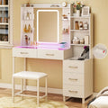 Glass Top Vanity Desk With LED Mirror And Wireless Charging