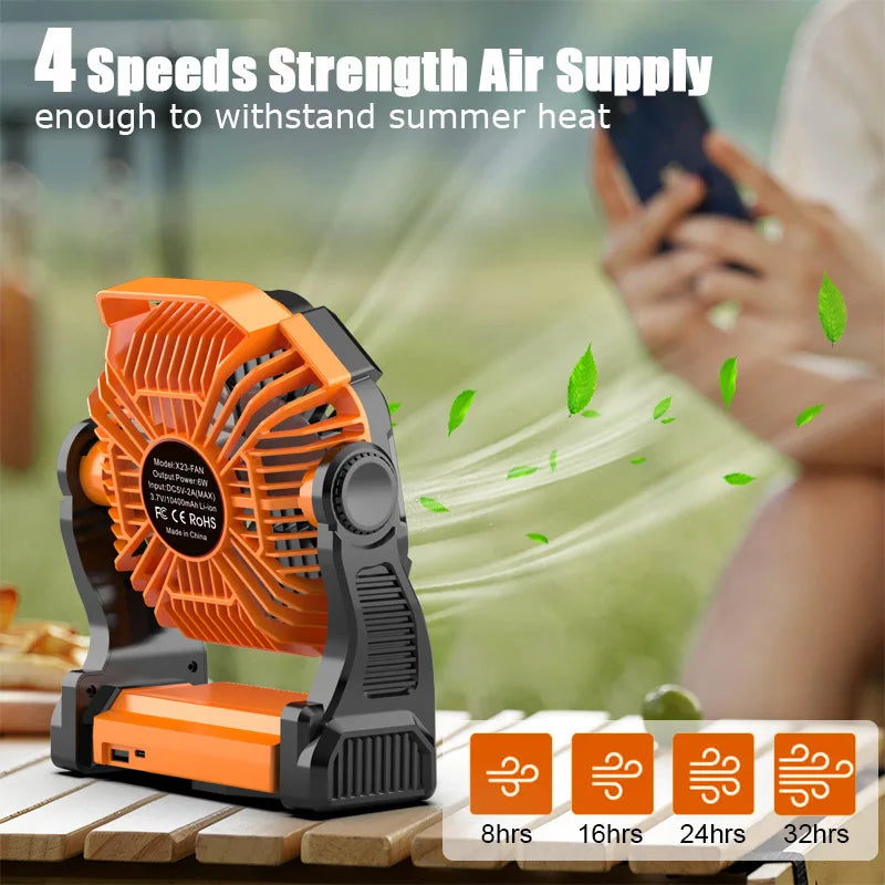 Camping Fan with LED Light, Rechargeable Tent Fan, Portable USB Fan, Quiet Operation, Battery Powered, Hook Design, for Outdoor