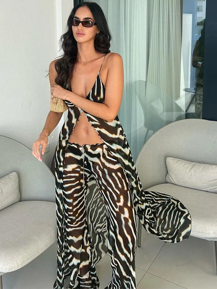 Beach Print Top Pants Women Set Sexy Sling V-neck Long Blouse Wide Leg Trousers 2026 Spring Summer New Dropped Lady Outfit New
