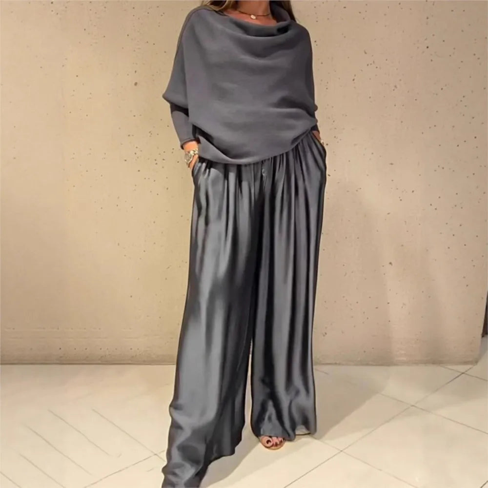 Fashion Satin Sexy Off-shoulder Women Long-sleeved T-shirt Trousers Suit Autumn Elegant Woman Loose Wide-leg Trousers 2piece Set