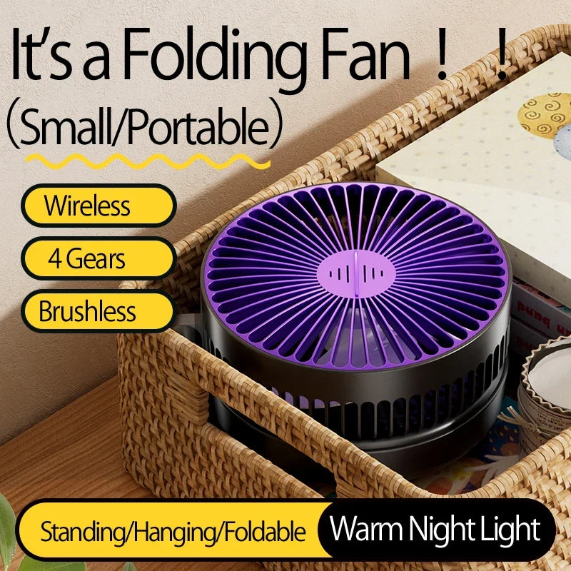 2024 New 3IN1 5000mAh Rechargeable Portable Desktop Fan Wall Mounted Fan 90° Folding USB Fan 4 Gears With Warm Night Light