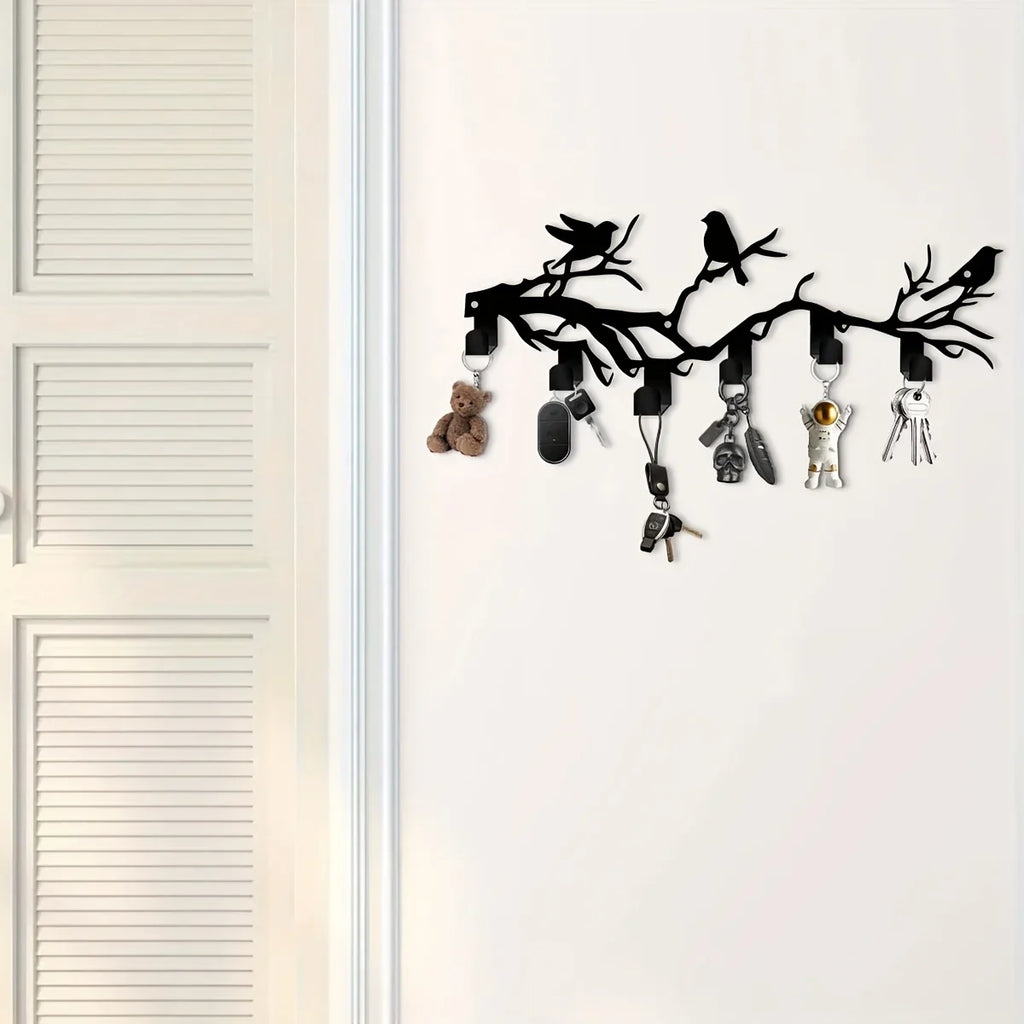 1pc Bohemian Black Metal Bird on Branch Wall Hook - Heavy-Duty Hot Iron Key Holder with Bird Silhouettes (Crows/Sparrows)