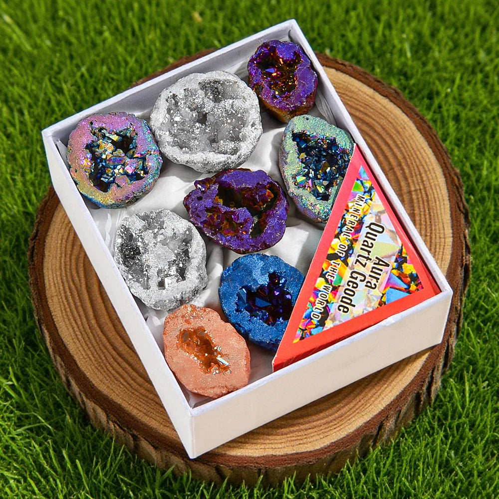 8PCS/Box Titanium Coated Natural Crystal Cluster Electroplated Agate Geode, Energy Balance Reiki Wicca Home Decor