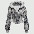 Winter Warm Gothic Print Hoodie Women's Clothin Faux Fur Crop Top Zip-Up Sweatshirt Fashion Y2K Streetwear Hooded Jacket 2026New