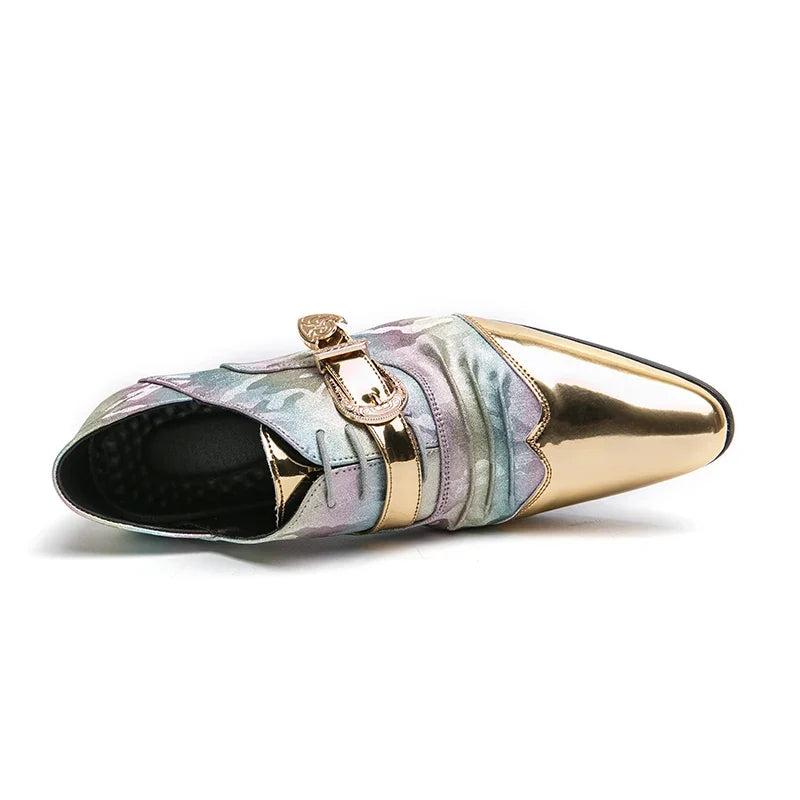 Fashion Gold Casual Shoes England Chelsea Bright Pointed Toe Leather Shoes Men Slip-on Business Party Wedding Oxford Shoes