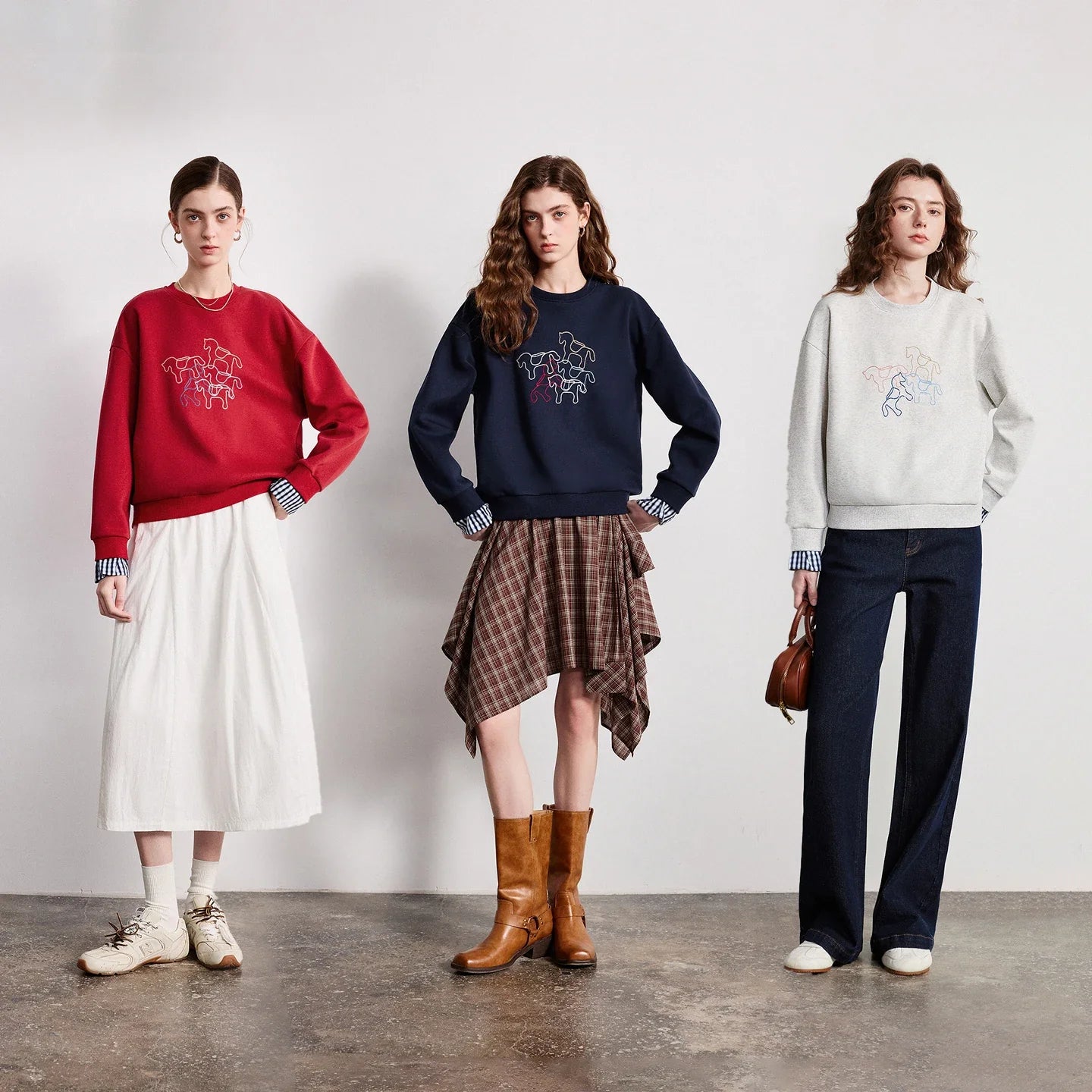 TOYOUTH Women Crewneck Patchwork Plaid Fake Two-Piece Pony Embroidery Loose Sweatshirt 2026 Spring New Tops