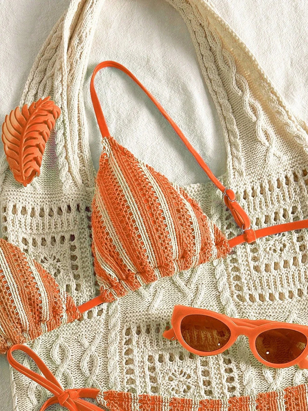 Sexy Orange Striped Bikini Set 2026 Women Halter Push Up Bra Tassel Bandage Thong Swimsuit Summer Holiday Bathing Suit Swimwear