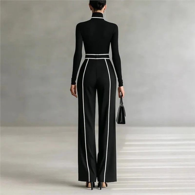Women Long Sleeve Knit Pullover Two-Piece Set Elegant High Neck Slim Top+Wide leg Pants Spring Autumn new Outfit Suit