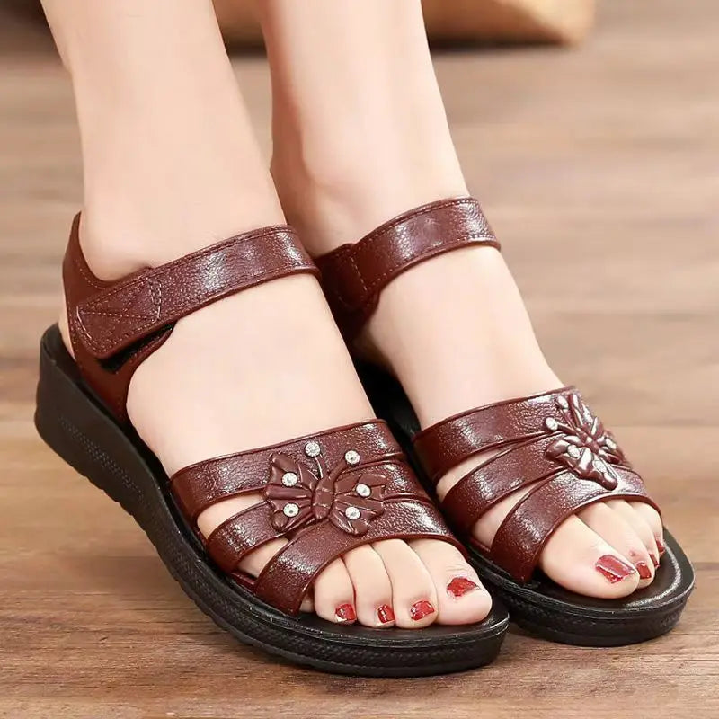 2024 New Women's Summer Open Toe Hollow Flat Sole Sandal Soft Sole Non Slip Hook Outdoor Beach Sandal Lightweight Elderly Sandal
