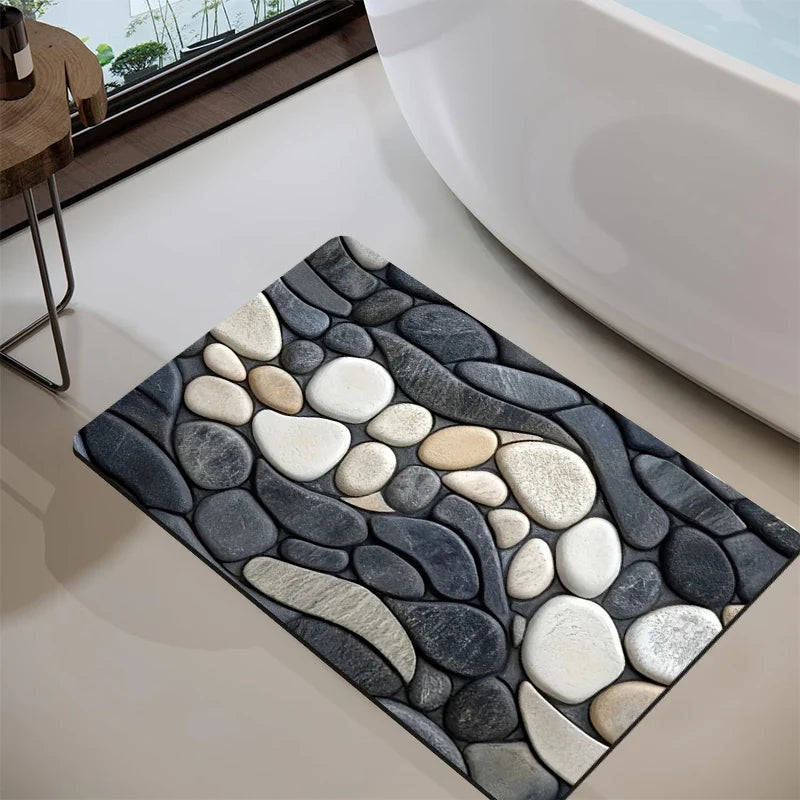 Pebble Pattern Diatomite Rug Floor Mats Absorbent Kitchen Doormat Non-Slip Bathroom Living Room Mat 2D Rubber Backing Carpet