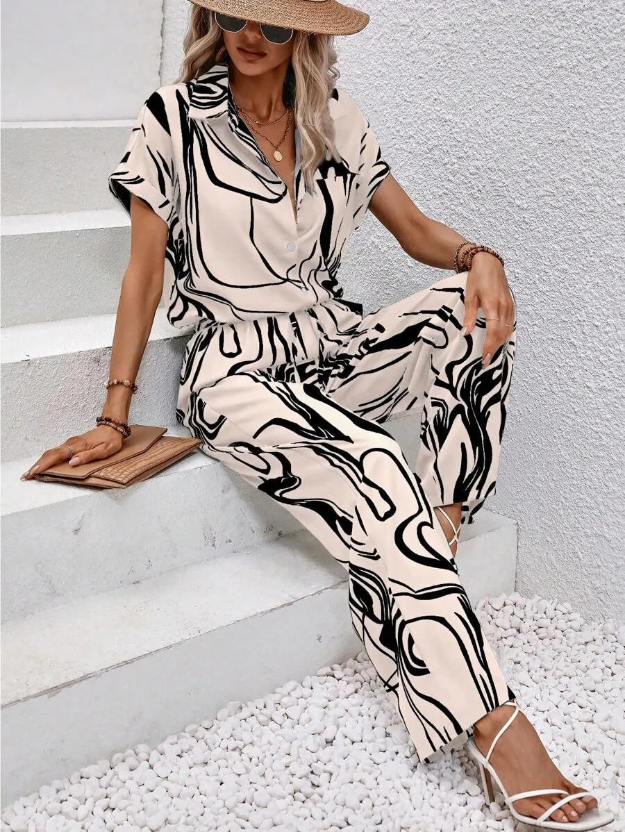 Women's 2026 Fashionable Printed Short Sleeve Shirt And Elastic Waist Wide Leg Pants Suit Set Casual Daily Commuting Spring Wear