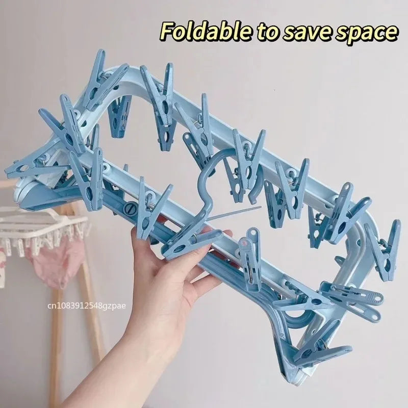 32 Clips Folding Clothes Dryer Hanger Windproof Socks Underwear Drying Rack Household Children Adults Storage Laundry Rack