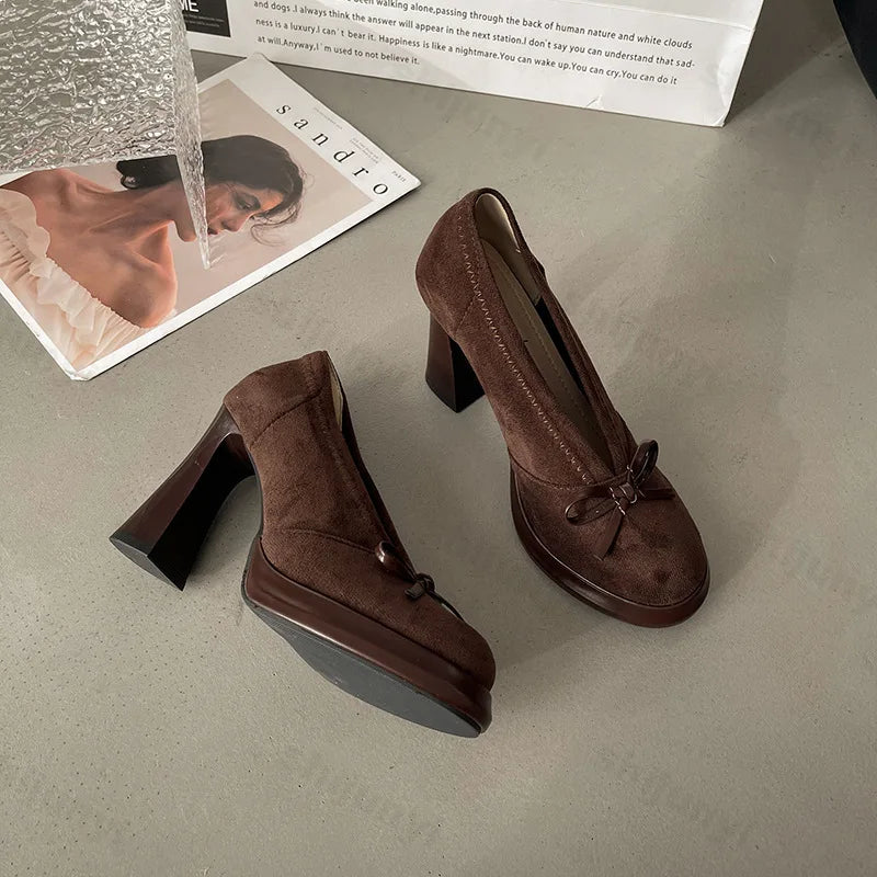 Women's High Heels 2025 Spring Autumn New Vintage Fashion Bow Knot Party Chunky Heels Outdoor Non Slip Luxury Mary Jane Shoes