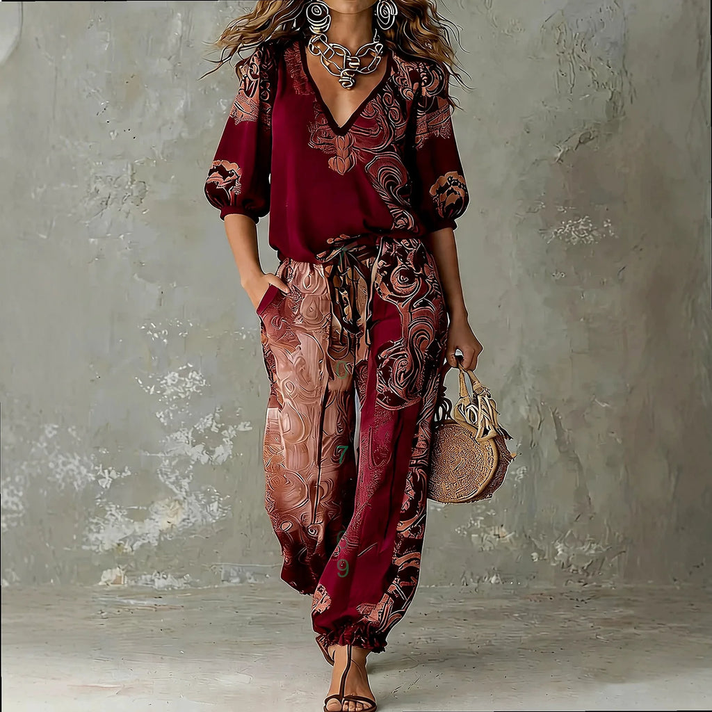 Retro Floral Print V Neck Puff Sleeve Top with Jogger Pants Matching Set for Women Spring Summer