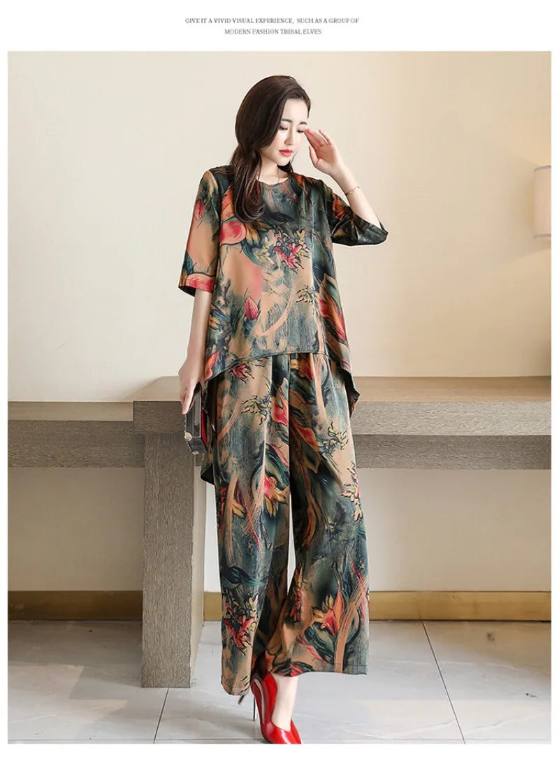 New Women Summer Loose Printed Set Lady Wide-Leg Pants Two-Piece Set Woman Casual Set Ladies Outwear Short-Sleeve Long Pants Set