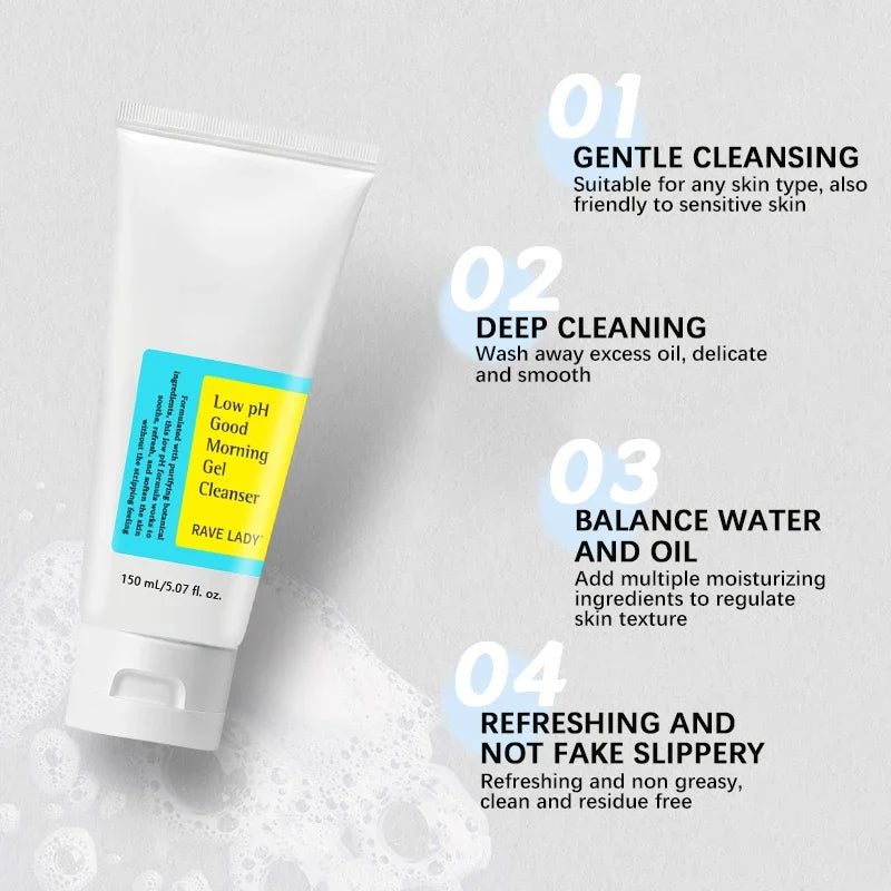 RAVE LADY Low PH 150ml Facial Cleanser Gentle Oil Control Moisturizing Face Wash Whitening Facial Foam Exfoliating Deep Remove