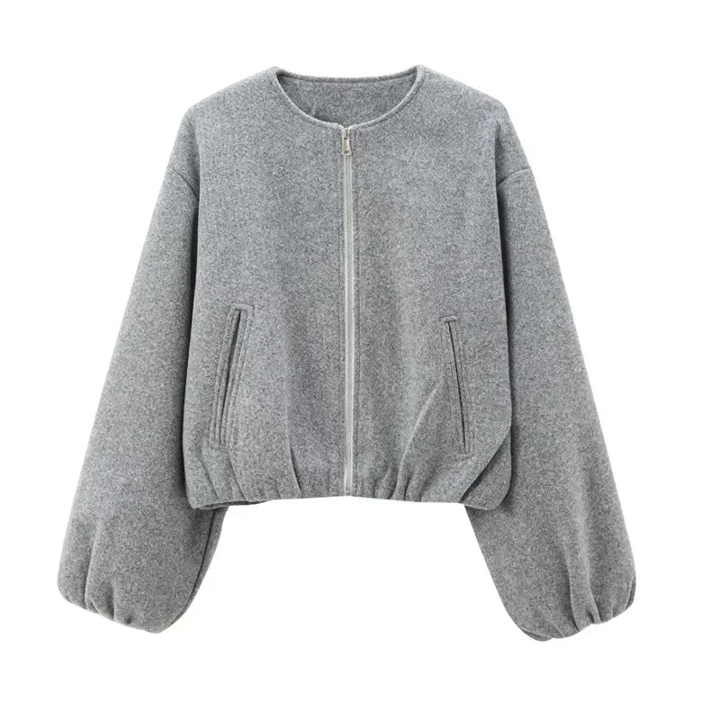 HXAO Outerwears Cropped Bomber Jacket Women Autumn Long Sleeve Faux Wool Coats For Woman Winter Zip Up Gray Beige Short Coats