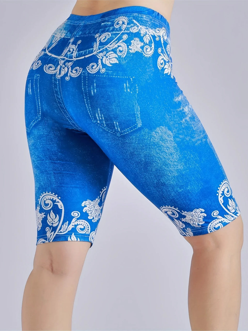 Lmitation Denim Leggings For Women Butterfly Waist Fruit Flower Elastic Shorts High Waist Casual