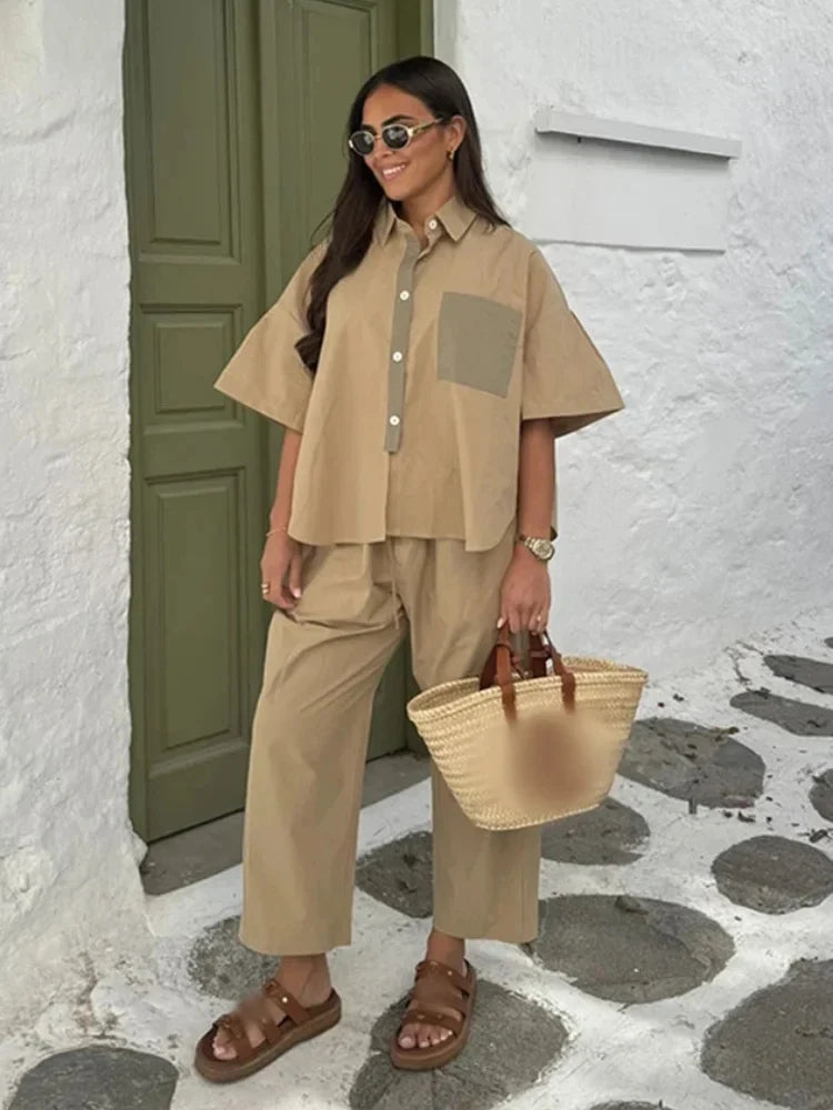 Women Elegant Lapel Pants 2 Piece Sets Chic Long Sleeves With Pocket Shirt Loose Wide Leg Trousers Sets 2025 Streetwear Outfit